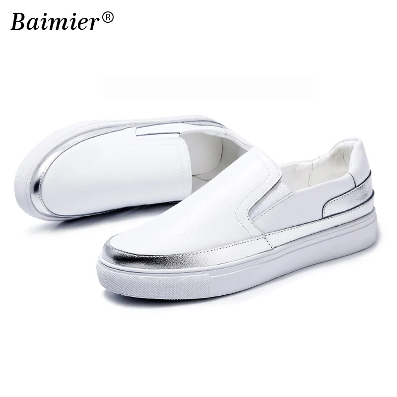 Leather Flat Footwear Loafers High Quality Women Genuine Leather Shoes Black Silver Flat Casual Shoes Student White Shoes