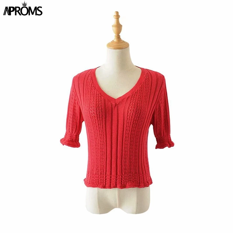 Aproms Elegant V Neck Knitted Elastic Shirts Women Ruffles Short Sleeve Cropped Blouse Female Bodycon Tops 2019