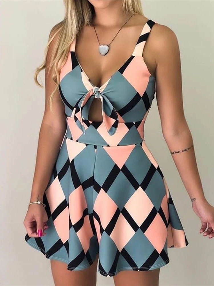 Yocalor 2019 Summer Women Leisure Playsuit Elegant Vacation Female Casual Jumpsuit Colorblock Geo Print Spaghetti Strap Romper