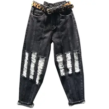 

2019 Spring autumn new big pocket loose jeans scratched women high waist harem pants plus size 2XL