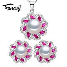 FENASY, 925 пробы, Серебряные Ювелирные наборы с жемчугом для женщин, серьги-гвоздики из натурального серебра 925 пробы, богемное ожерелье с кулоном в виде рубинового цветка