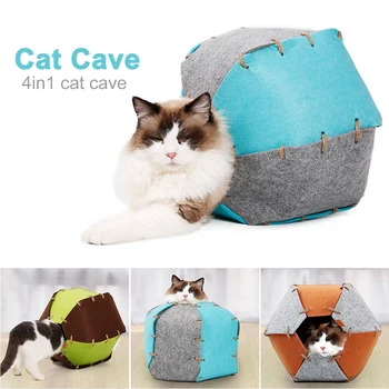 

Cat Playing Sleeping Room Pet Supply 4 In 1 Functional Cat Cave Nature Felt Handcrafted Cat House Bed Handmade Natural