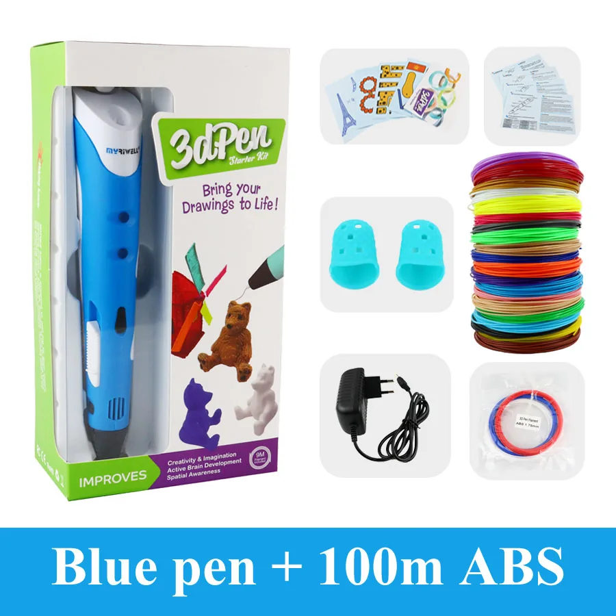 Myriwell RP-100A 3d Ручка или 100 м 1,75 мм abs 3d принтер Ручка 3d печать Ручка Рождественский подарок для детей Рисование игрушки подарок на год - Цвет: Blue  with 100m ABS