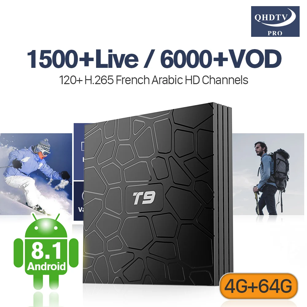 

Decoder H.265 IPTV Android 8.1 TV Box T9 4G RAM+64G ROM Support BT Dual-Band WiFi IPTV 100M LAN Arabic French Morocco QHDTV Pro