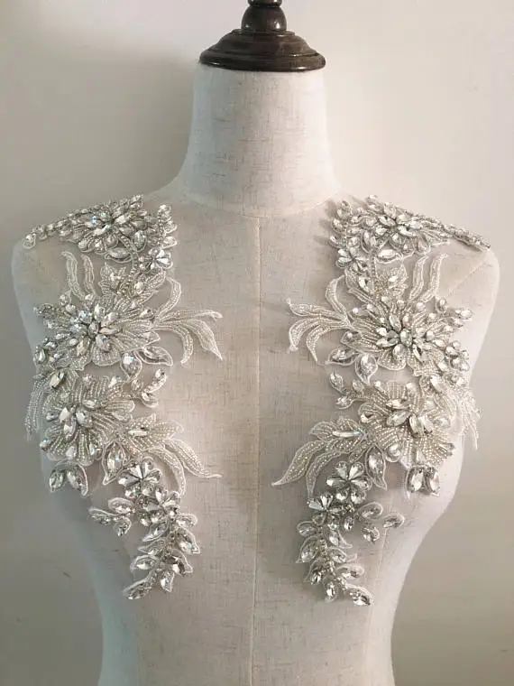 

Luxury Rhinestone Beaded Lace Applique Pair , Wedding Gown Bridal Dress Emebllishment Accessories ,Crystal Beaded Birdal