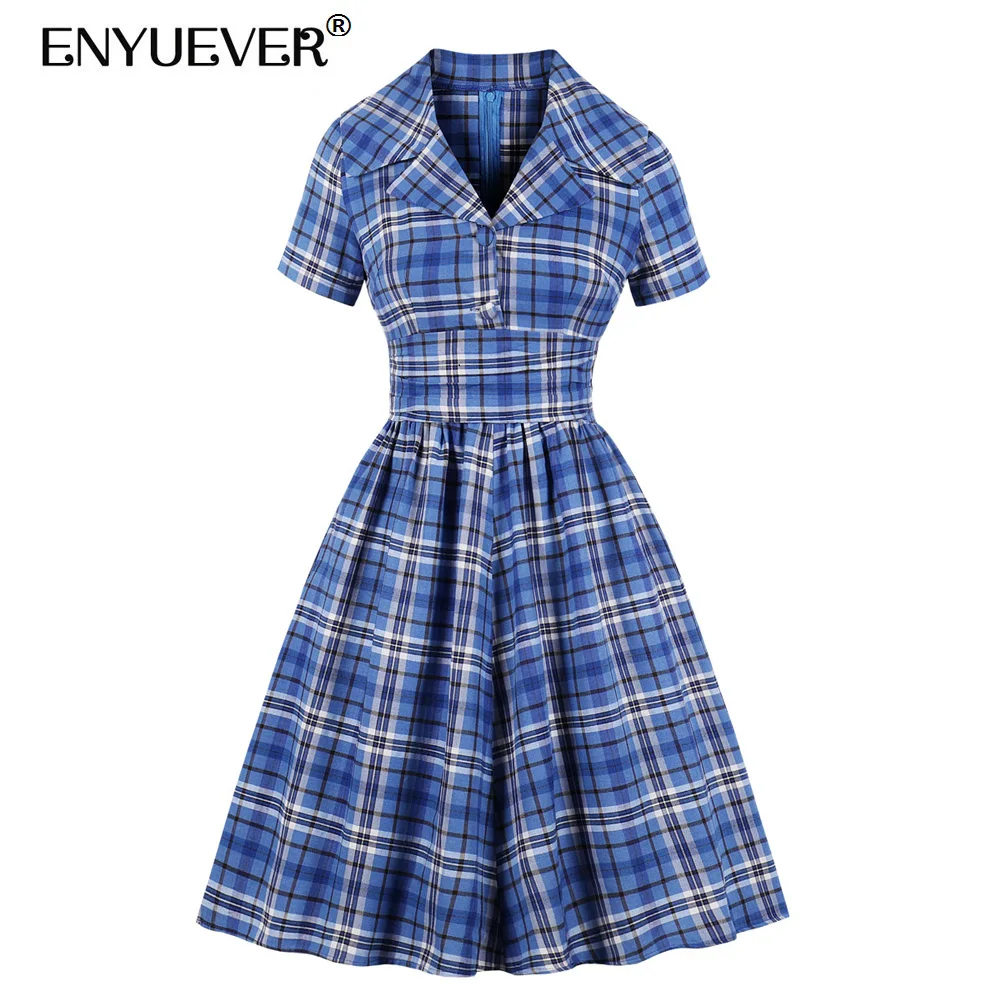 

Enyuever Blue Plaid Dress Plus Size Women Autumn Clothes Retro Robe Pin Up Swing Sleeve Button Vintage Dress Vestidos Casual