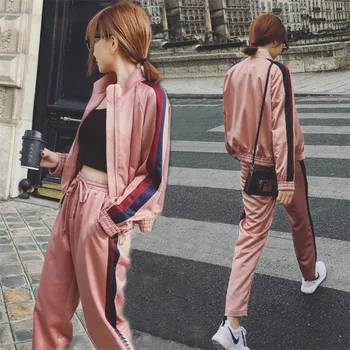 

Women Tracksuit 2018 Fall Women Short Bomber Jacket Pants Sets Casual Two Piece Sets Fashion 2 Piece Side Stripe Pants Suits