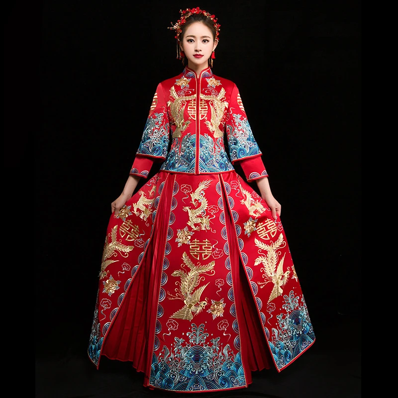 

wedding cheongsam traditional Chinese bride dress Ancient marriage costume gown clothing womens embroidery phoenix red Qipao