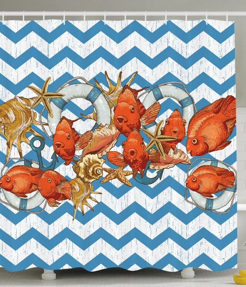 Shower Curtain Blue Striped Tropical Fish Gold Nautical Themed Printing