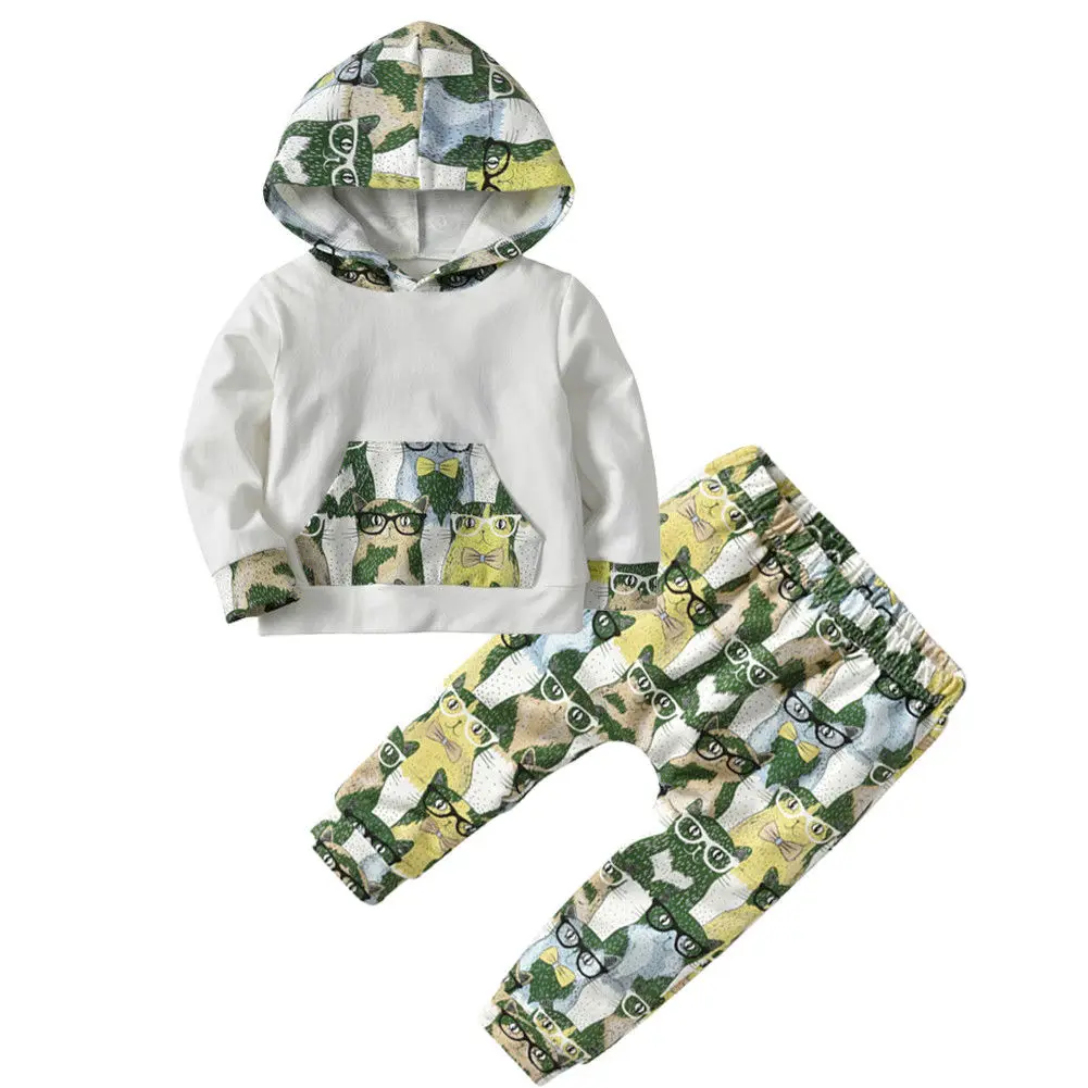 

1-7Y Toddler Kids Baby Boy Girl Autumn Clothes Long Sleeve Hooded Tops+Cartoon Cat Print Harem Long Pant 2PCS Clothing Set