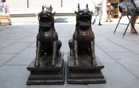 

Chinese Pure Bronze Palace Door Ward off evil Dragon brave troops QILin Pair