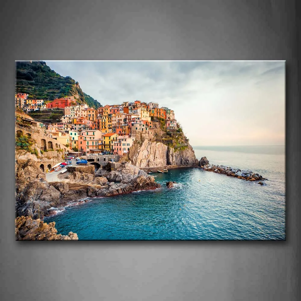 

Framed Wall Art Picture Manarola Sea Canvas Print City Modern Poster With Wooden Frame For Living Room Home Office Decor