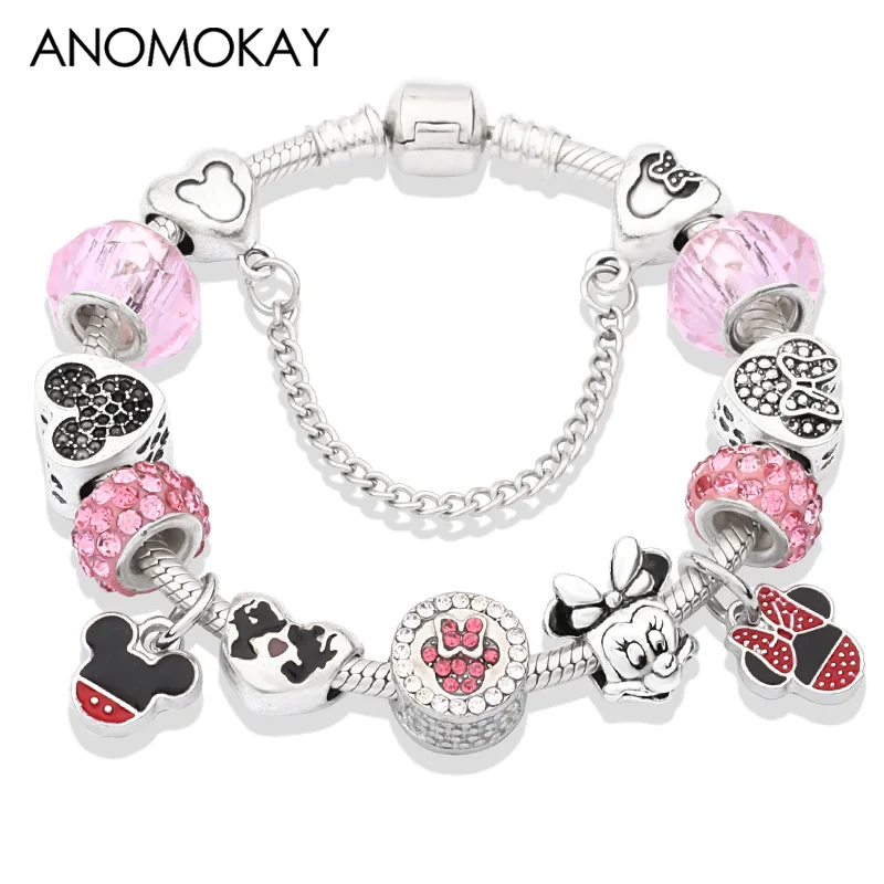 

European American Hot Cute Pink Crystal Bead Pan Bracelet Red & Black Enamel Minnie Mickey Heart Bead Bracelet with Pendant