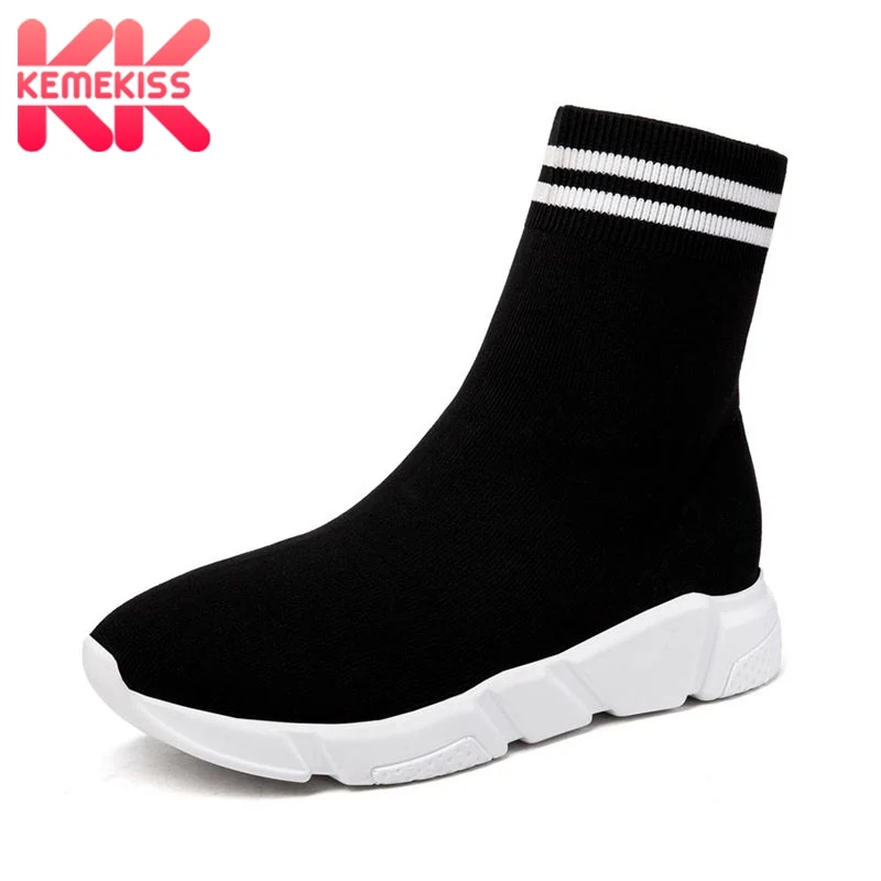 

KemeKiss 2020 Simple Knitting Short Boots Black Thick Bottom Comfortable Ankle Boots Hot Sale Daily Casual Shoes Size 33-43