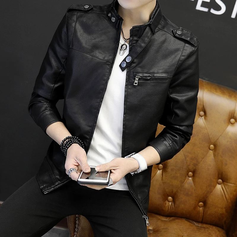 

HOT Mens PU Leather Stand Collar Slim Fit Jackets Thin Cool Motorcycle Black Coffee Long Sleeve Coats L40