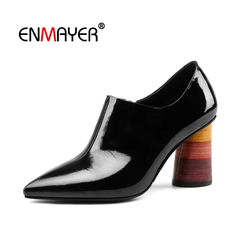 

ENMAYER Women Ankle boots Pointed toe Female High heels Fashion Boots Size 34-39 Winter Leather Shoes zipper Thick Heels CR1608