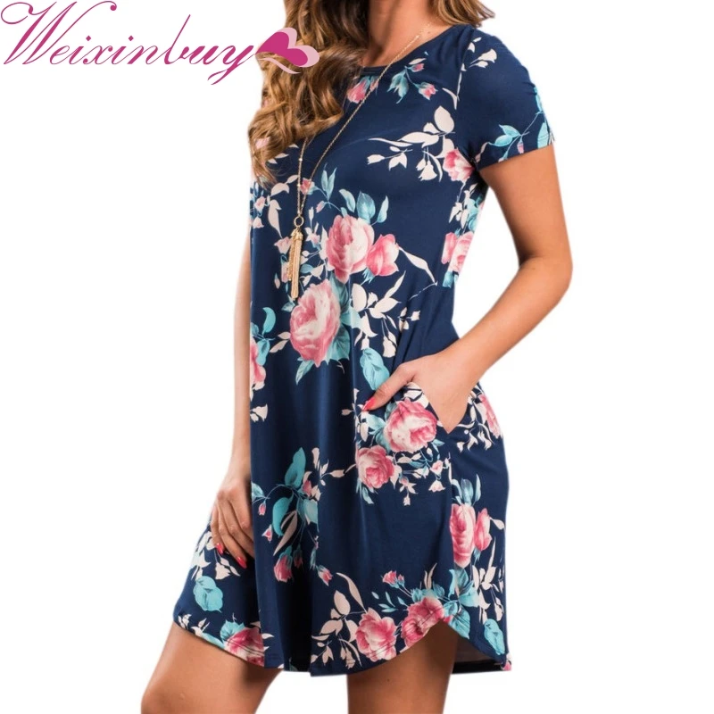 WEIXINBUY Summer Fashion Casual O Neck Women Mini Dress Floral Print ...