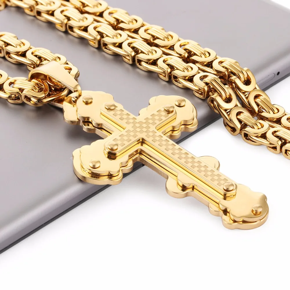 

Jesus Cross Pendant Necklace Stainless Steel Men Jewelry Byzantine Link Chain Poplular Christian Colar Sliver Gold Color MN56