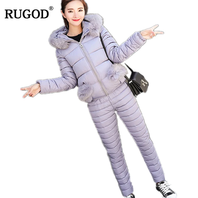RUGOD Women Down Jacket Suit 2018 New Down Cotton-padded Coat and Pants Fashion Warm Outwear Suits Two-piece Winter Female Sets