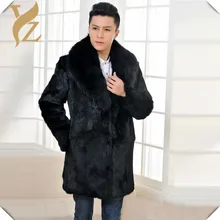 Натуральное кроличье меховое пальто с большим воротником, теплые зимние длинные мужские куртки из кроличьего меха, черное пальто