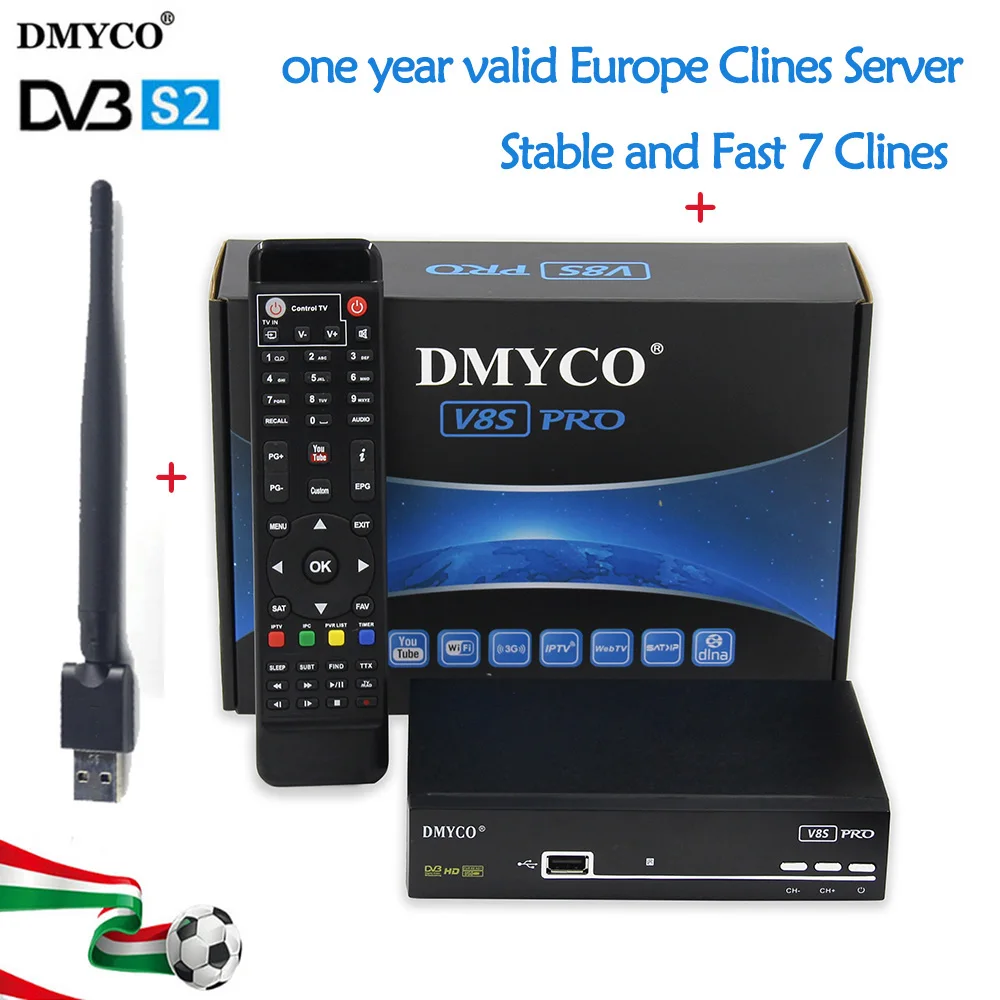 

DMYCO V8S PRO Satellite Receiver DVB-S2 Full HD 1080P V8S-PRO receptor decoder+fast free one year 7 clines server+1 pc usb wifi