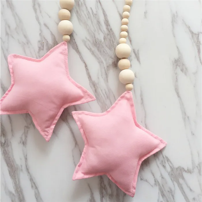 INS, деревянные бусины в скандинавском стиле с подвеской в виде звезд, облаков и Луны, украшение для детской комнаты, настенная палатка, подвесной декор, реквизит для фотографий - Цвет: Pink Star
