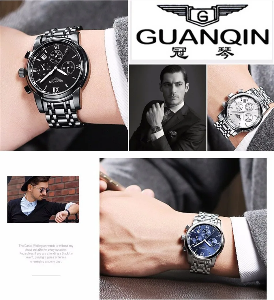 GUANQIN часы Quart для мужчин бизнес бренд нержавеющая сталь хронограф светящийся водонепроницаемый спортивные часы для мужчин модные повседневные наручные часы