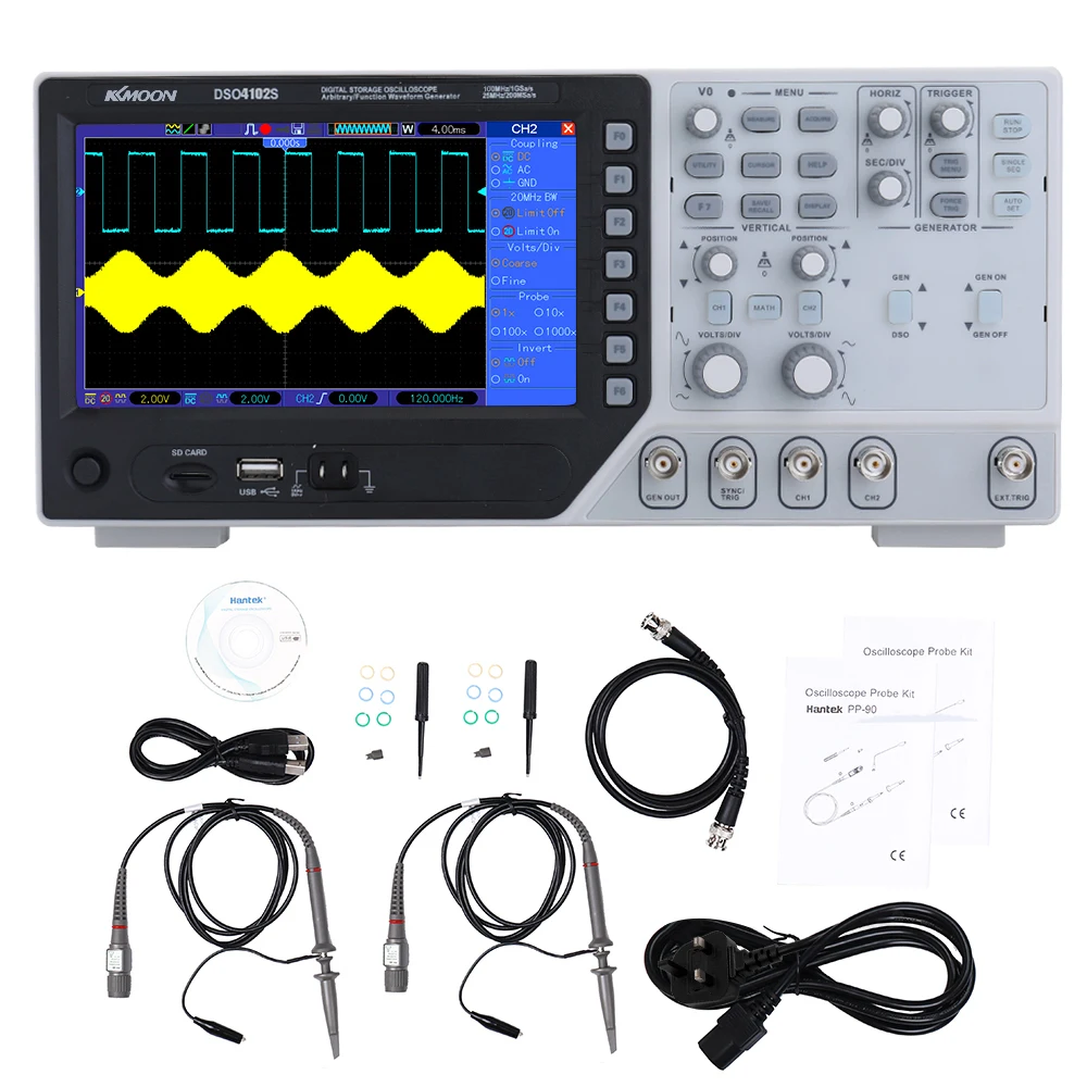 Hantek DSO5102P портативный цифровой осциллограф 2CH 100MHz 1GSa частота дискретизации 40k длина записи Настольный скопметр 7 дюймов RU Store