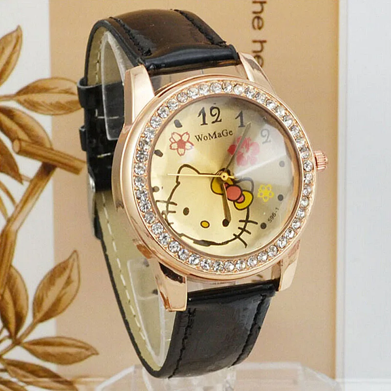 

Newest Womage Watch Hello Kitty Watches Women Fashion Cartoon Cat Watches Girls Women Rose Gold Quartz Watches Rhinestone
