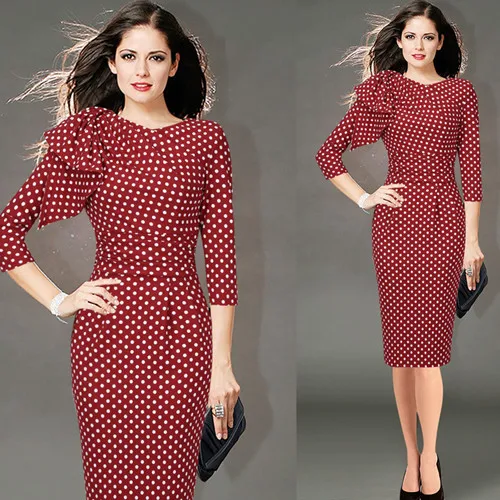 Vfemage женское элегантное платье с рюшами для работы, деловые Коктейльные Вечерние облегающие платья 1056 - Цвет: Red White Dot