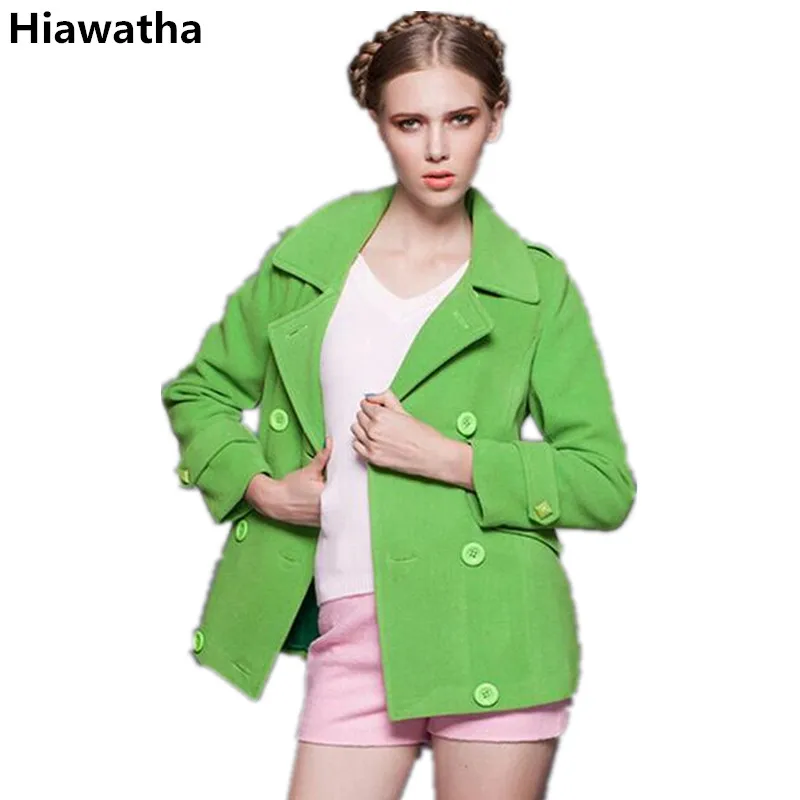 Goede Hiawatha Jas Vrouwen Winter Groen Double Breasted Wollen Jassen Fashion Slanke Turn down Kraag Overjas Vrouwelijke WL003
