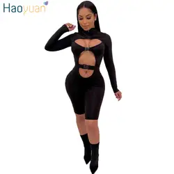 HAOYUAN с длинным рукавом Bodycon сексуальный комбинезон Пряжка облегающий костюм для фитнеса Повседневное молния цельнокройный комбинезон