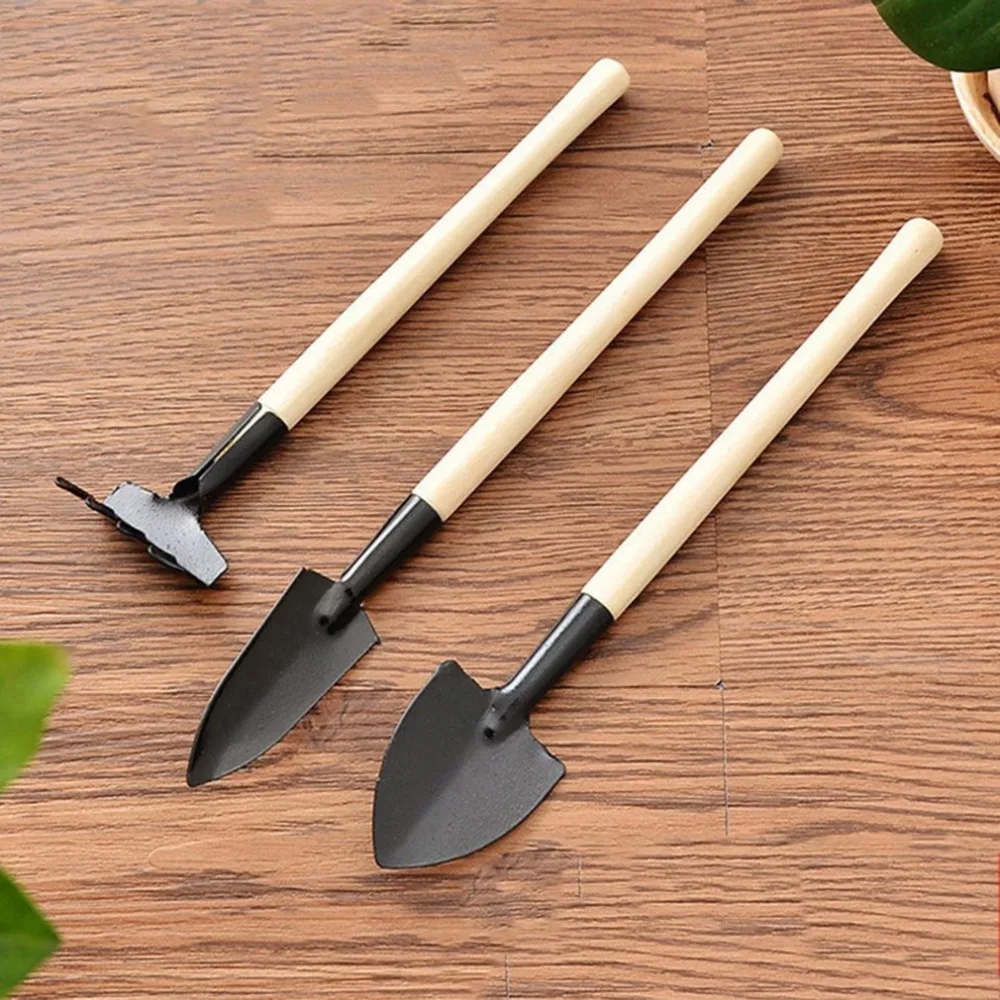 3pcs Mini Plant Garden Gardening Tools Set With Wooden Handle Tool Rake Shovel 