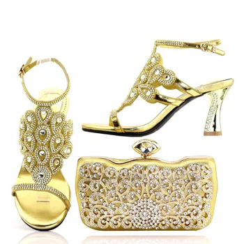

Elegant gold rhinestones fashion shoes and bags to match women aso ebi wedding party shoes bags set free shipping SB8167-2