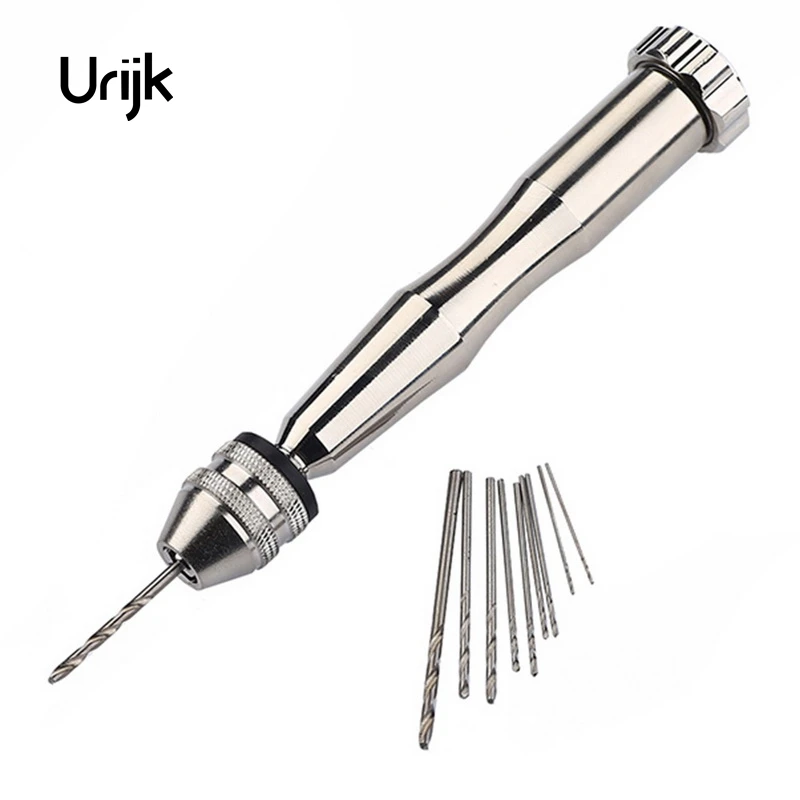 

Urijk 0.2-2mm/0.3-3.4mm Mini Micro Aluminum Hand Drill With Keyless Chuck +10pc Twist Drill Bit Woodworking Drilling Rotary Tool