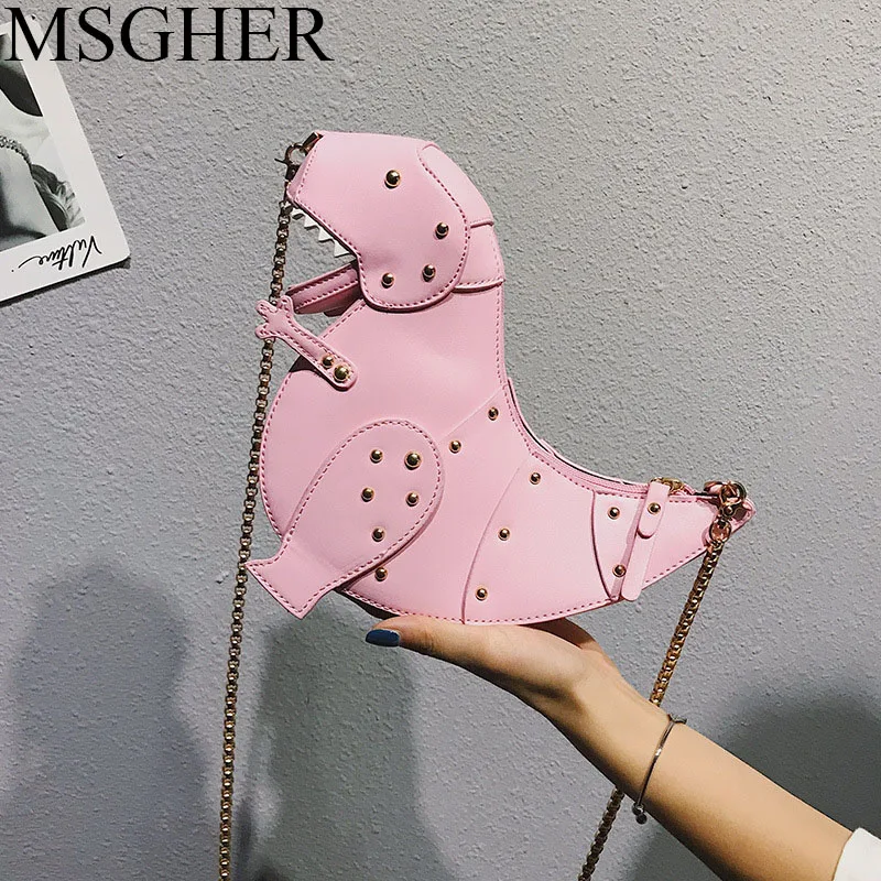 

MSGHER Rivet Personality Dinosaur Design Fashion Leather Crossbody Mini Messenger Bag Women Chain Purse Female Shoulder Bag Gift