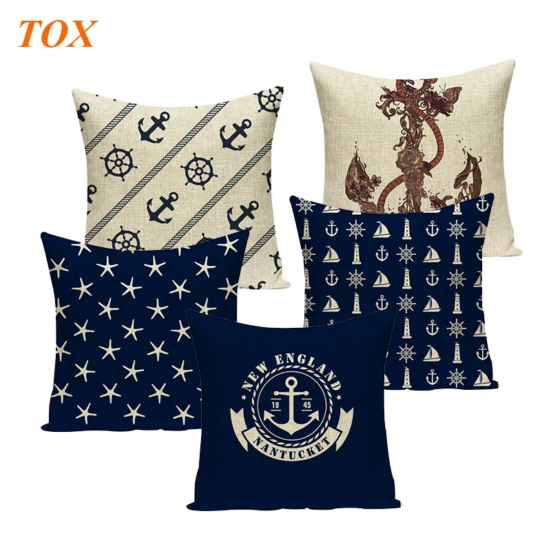 TOX Customized Pillowcases Printed Blue Sea Nautical Buoy Anchor Cushions Cover Linen Geometric Sailing Home Decor | Дом и сад