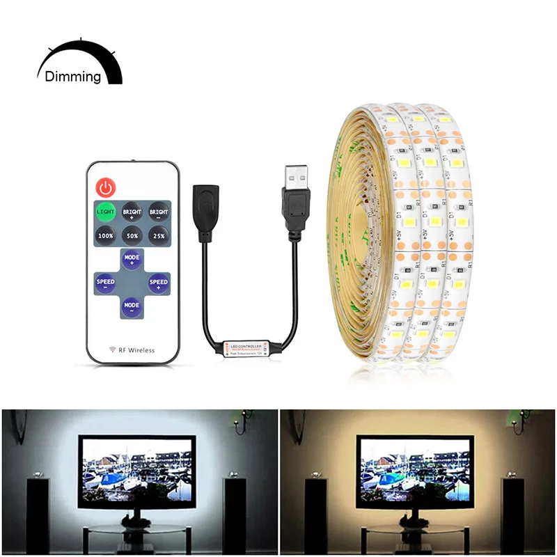 

5V USB LED Strip Light SMD 2835 60LEDS/M Desk Lamp Flexible Tape Home Decoration RF Remote Dimmable TV Background Lighting