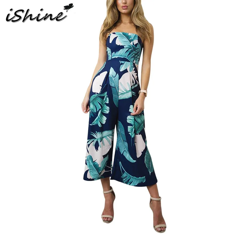 IShine с открытыми плечами листья принт Длинные Комбинезоны для женщин для элегантный широкие брюки без бретелек Цветочный