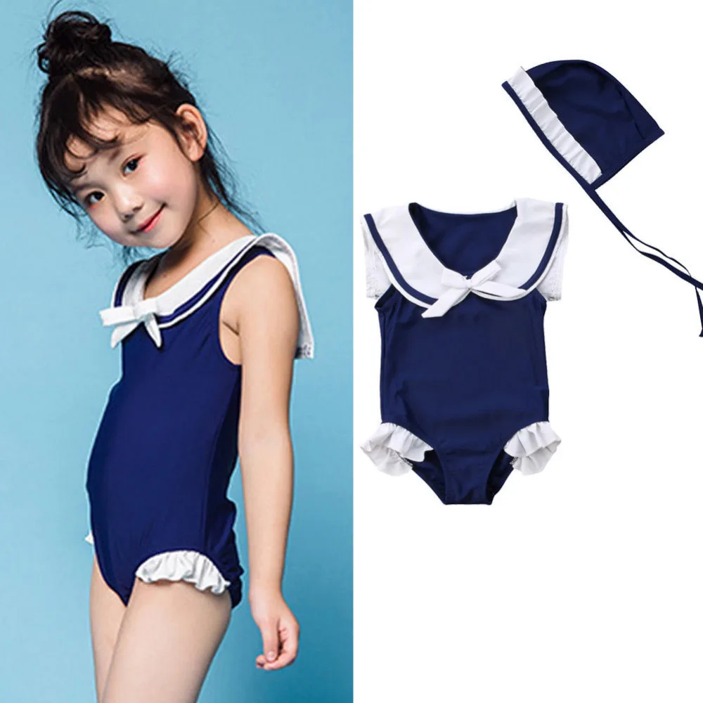 2018 Kid Baby Girls One Pieces Swimwear Navy Style Swimsuit with cap