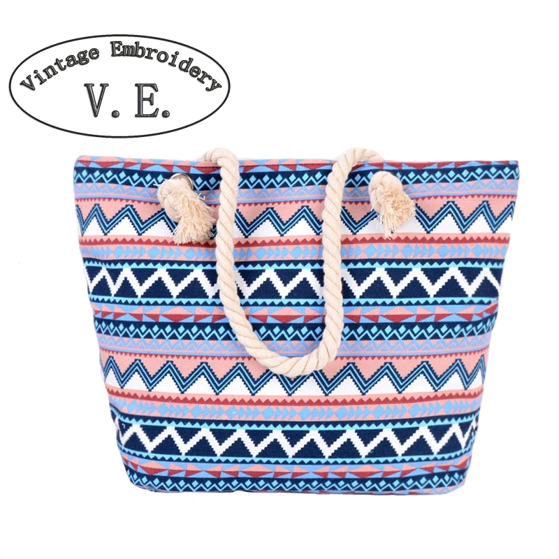 

Vintage Embroidery Women Canvas Bag Beach Bag Fashion Wave Printing Lady Girls Handbags Shoulder Bag Casual Bolsa Shopping Bags