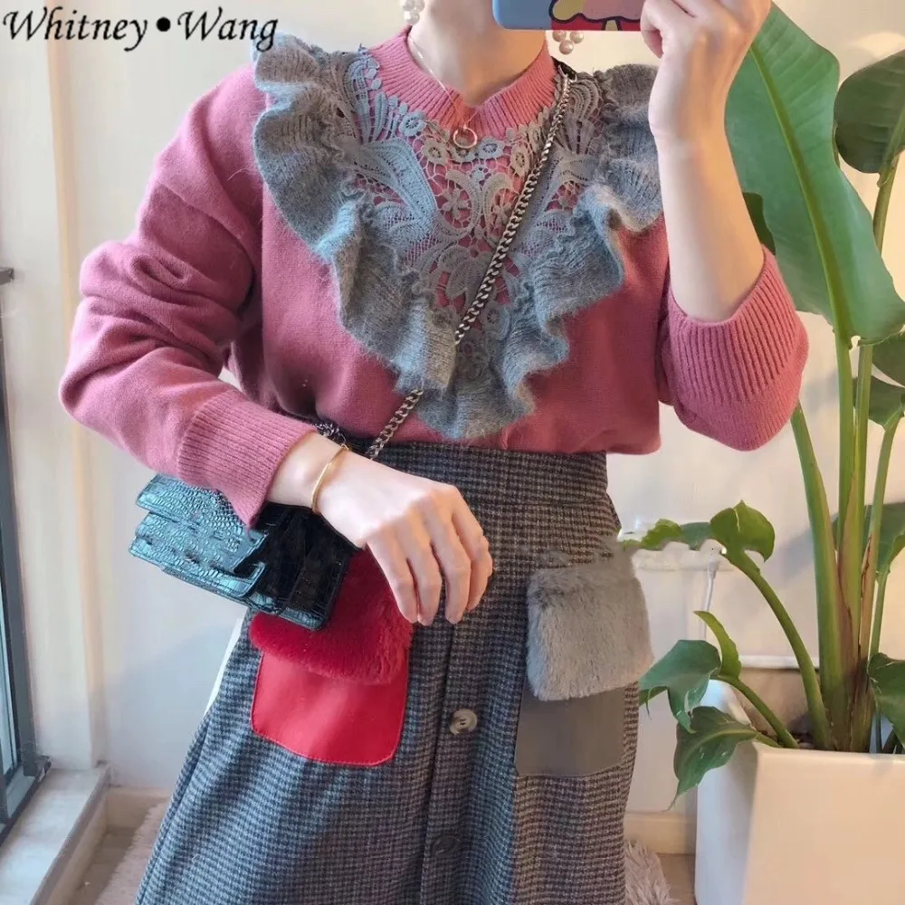 WHITNEY WANG 2018 осень зима модная уличная цвета контраст кружево лоскутное оборками