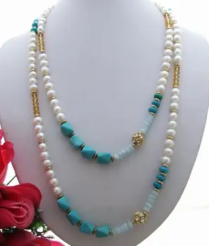 

N080704 50'' 9mm Pearl Aquamarin &Crystal Necklace