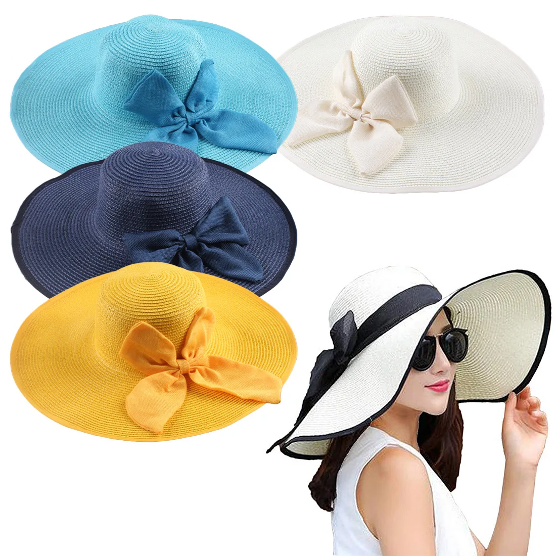 

casquette enfant garcon 2019 Ladies Summer Large Brim Straw Hat Floppy Wide Brim Sun Cap Bowknot Beach Foldable New