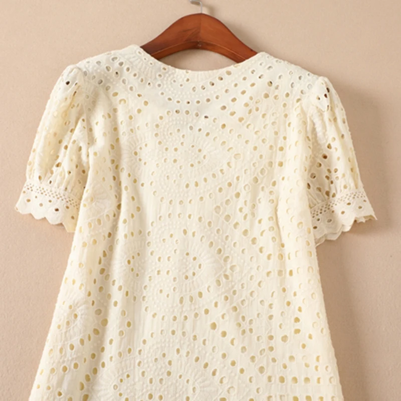TWOTWINSTYLE Summer A Line Dress For Women V Neck Short Sleeve Ruffles Hollow Out Dresses Midi Female Fashion New