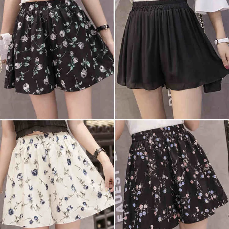 

sweet Women girls Summer New Elastic Waist Chiffon Loose Print Shorts Skirts female Trousers Leisure High Waist Wide Leg shorts