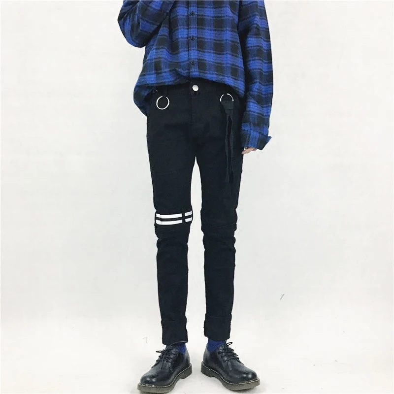 VERSMA корейский Ulzzang Harajuku SUGA узкие джинсы брюки High Street GD Ribbon Дизайнерские мужские байкерские джинсовые брюки узкие брюки - Цвет: Black