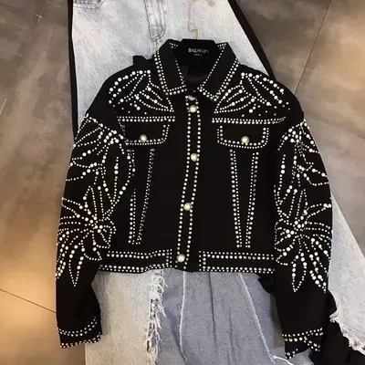 

Freeship ladies luxury rivet beading short jacket/punk/hiptop/red carpet jacket/black/fashion/ASIA SIZE