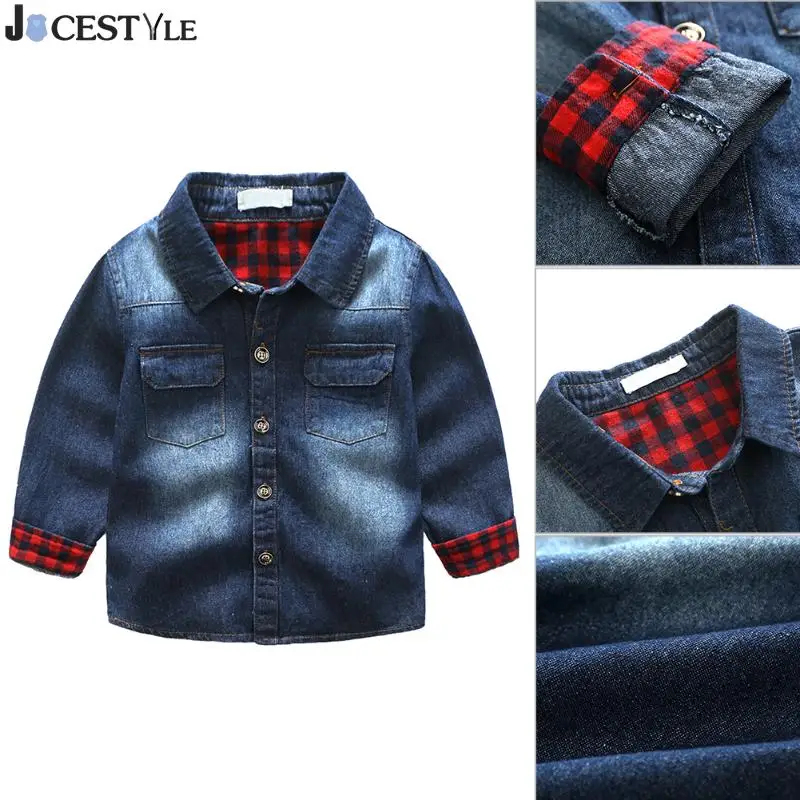 Jocestyle для маленьких мальчиков джинсовые куртки, пальто Модная одежда для отдыха для мальчиков с отложным воротником сплайсинг-клетчатые джинсовые пальто, куртка, детская верхняя одежда