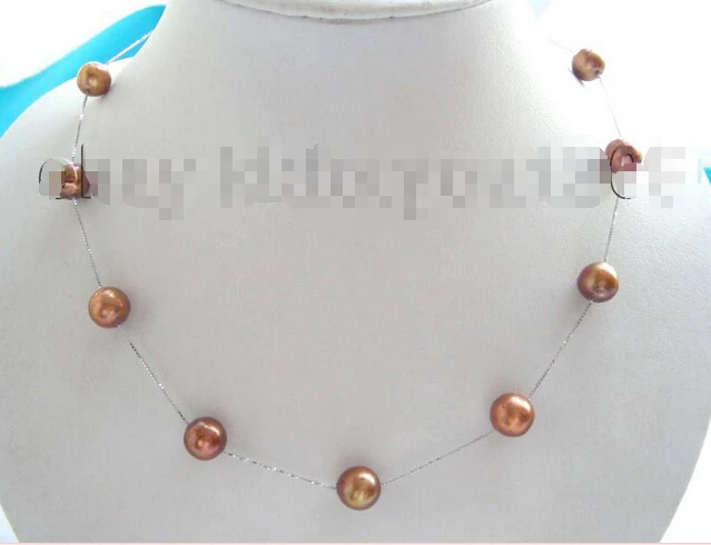 

Free shipping >>>>>>18" Natural 10mm Coffee Pearl Necklace 925silver Chain!
